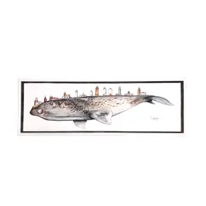 Lámina Ballena franca albina y  12 Faros de la Costa da Morte fondo blanco 70x26cm