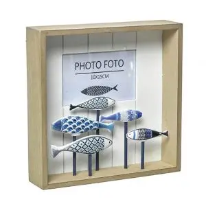 Portafotos decorativo de madera con peces de cerámica