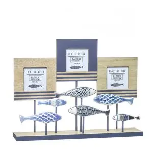 Portafotos decorativo triple de madera con peces de cerámica