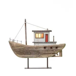 Barco decorativo de madera y metal con luz LED