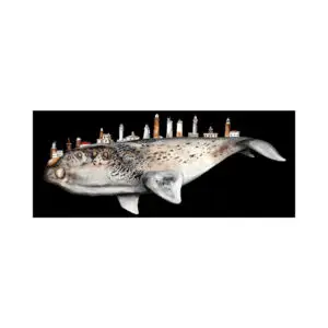 Lámina Ballena franca albina y 12 Faros de la Costa da Morte fondo negro 70x26cm